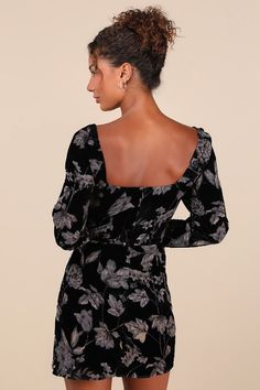 Sultry and sophisticated meet in the middle with the Lulus Simply Decadent Black Floral Velvet Burnout Bustier Mini Dress! Plush velvet features burnout chiffon florals as it shapes long sleeves with elasticized shoulders. Bodice has a sweetheart neckline, atop a bustier-style bodice with padded cups and a fitted waist. Skirt has a bodycon silhouette, ending at a notched mini hem. Hidden zipper/clasp at back. Fit: This garment fits true to size. Length: Mid-thigh. Size medium measures 30.75" from shoulder to hem. Bust: Great for any cup size. Waist: Fitted - very fitted at natural waist. Hip: Loosely Fitted. Undergarments: Padded cups - May be worn with an adhesive bra, petals, or no bra. Fabric: Fabric has no stretch. Dress is lined. Sleeves are unlined. Shell: 65% Viscose, 35% Nylon. Lin Mini Dress Velvet, Bustier Mini Dress, Velvet Burnout, Dress Velvet, Adhesive Bra, Bustier Dress, Stretch Dress, Sweetheart Neckline, Hidden Zipper