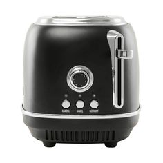 a black toaster is shown on a white background