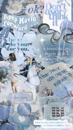 a collage of blue and white images with words on them, including an image of a