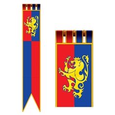 a red, blue and yellow flag with a dragon on it's side is shown