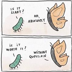 two cartoon images with the words is it scary? and an image of a caterpillar