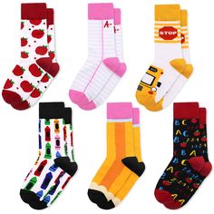 six pairs of colorful socks with school bus and apple designs on them, all in different colors