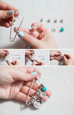 there are several pictures of how to make earrings with wire and beads on the fingers