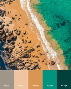 an aerial view of the ocean and beach with color swatches in shades of green, orange, yellow and brown