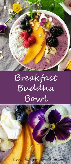 Breakfast buddha bowl with sliced mango, berry smoothie, fresh raspberry, blackberry, blueberry and pansy flowers Build Your Own Bowl, Lunch Bowl Recipe, Buddha Bowl Recipe, Fruit And Yogurt, Power Bowl Recipe