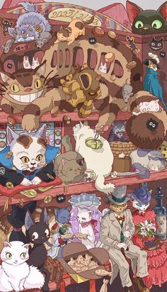 a bunch of cats that are sitting on a shelf