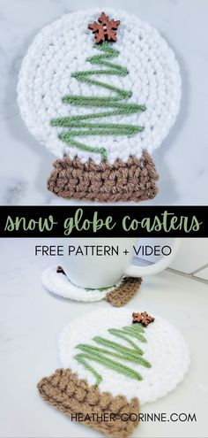 a crocheted christmas tree on top of a white plate with the words snow globe coaster