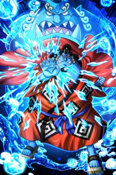 an anime character is surrounded by blue fire and lightnings, with his hands in the air