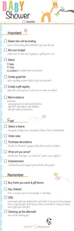 a baby shower checklist with giraffes on it