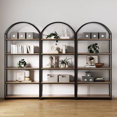 an empty room with three bookshelves and various plants on the shelves in it