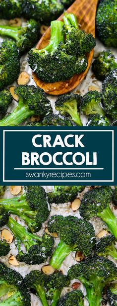 broccoli is being cooked in a skillet with a wooden spoon on top