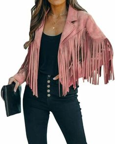 Trendy Fashion Women's Chic Cropped Tassel Fringe Faux Suede Moto Jacket - Chartou Pink XS~XXL, Womens jacket Jessica Kelly, Tassel Jacket, Faux Leather Jacket Women, Hippie Jacket, Stage Clothes, Faux Leather Motorcycle Jacket, Motorcycle Jacket Women, Western Clothes, Xoxo Gossip