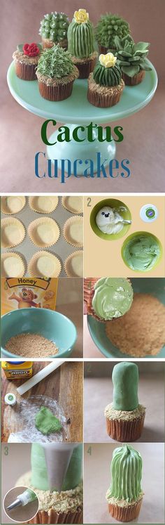 cactus cupcakes with green frosting on top and desert in the middle, surrounded by cacti's