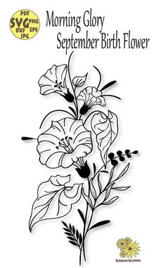 a flower with the words morning glory written in black and white, on a white background