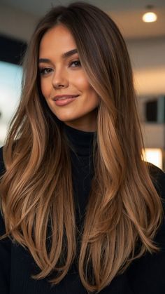 Hair Color Ideas Light Brown With Highlights, Dark Autumn Hair Color Blonde, Fall Inspo Hair Color, Long Dark Hair Inspiration, Autum Hair Ideas, 2024 Autumn Hair Trends, Rich Bronde Hair, Deep Autumn Blonde Hair