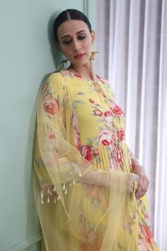 Shop for Seams Pret And Couture Yellow Georgette Ishani Printed Anarkali Set for Women Online at Aza Fashions Printed Anarkali, Net Dupatta, Rose Print, Indian Design, Set For Women, Yellow Floral, Anarkali, Aza Fashion, Bell Sleeves