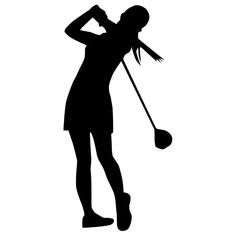 the silhouette of a woman holding a golf ball and club in her hand, while she is