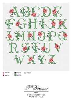 cross stitch alphabet with flowers and leaves on the upper letter, which is in red