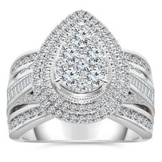 a white gold ring with diamonds on the sides and an oval shaped center surrounded by smaller round