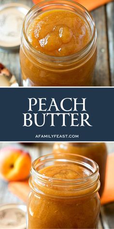 two jars filled with peach butter sitting on top of a wooden table