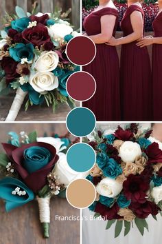 the bridesmaids are holding their bouquets with different colors