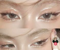 Douyin Makeup On European Features, Shiny Nose Makeup, Makeup Without Lashes Falsies, Etheral Make Up, Korean Glitter Eye Makeup, Angelic Makeup Aesthetic, Pink Douyin Makeup, Douyin Eye Makeup, K Pop Makeup