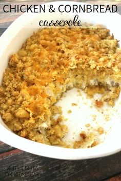 chicken and cornbread casserole in a white dish