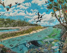 a painting of an ocean scene with birds flying over the water and fish in the air