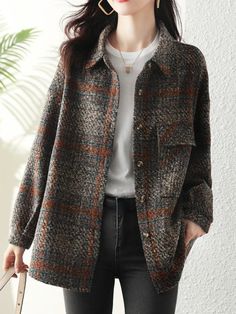 Types Of Winter Jackets For Women, Extra Petite Outfits, Winter Workwear Shacket With Long Sleeves, Plaid Collared Outerwear For Winter, Brown Winter Shacket For Work, A-line Wool Outerwear For Fall, Brown Long Sleeve Shacket For Winter, Wool A-line Outerwear For Fall, Korean Street Style