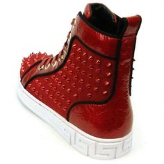 Encore by Fiesso Red Fashion High Top Sneakers with Spikes FI 2364 PU Faux Leather Upper, PU Lining and Rubber Sole Shiny croco print Trim Shiny Laces Spikes in the front and sides of the shoes comfortable padded insole White Bottoms Can be worn with Jeans Red Patent Leather Low-top Sneakers, Red Trendy High-top Sneakers With Round Toe, Trendy Red High-top Sneakers With Round Toe, Red Casual High-top Sneakers With Studded Outsoles, Leather High-top Sneakers With Red Sole, Casual Patent Leather High-top Lace-up Sneakers, Casual Patent Leather High-top Sneakers With Round Toe, Trendy Red Leather Sneakers, Patent Leather High-top Sneakers For Streetwear