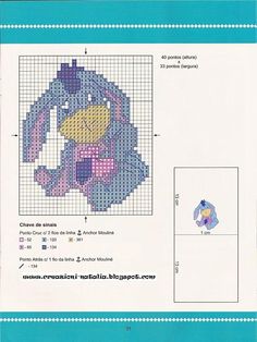 a cross stitch pattern with an image of winnie the pooh in pink and blue