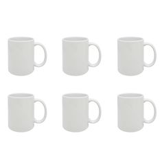 six white coffee mugs sitting next to each other