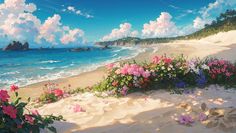 a painting of the beach with flowers on it