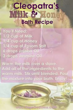 Beauty Bath Spell, Bath Herbs Recipe, Things To Add To Your Bath, Cleopatra Bath Recipe, Cleopatra Milk Bath Recipe, Diy Milk Bath Recipes, Bath Water Ideas, Cleansing Bath Recipe, Milk Bath Recipe Diy