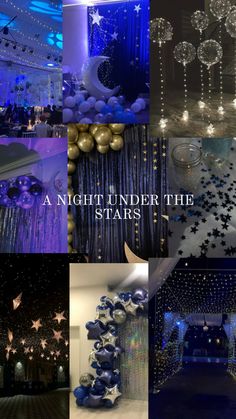 Stars prom theme Night under the Stars Prom Themes Starry Night, Sweet Sixteen Party Themes, Farewell Decorations, Starry Night Prom, 15th Birthday Decorations, Star Themed Wedding, A Night Under The Stars, Sweet Sixteen Birthday Party Ideas