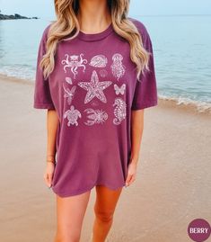 Under the Sea Comfort Colors Sea Animals Summer Beach Vacation Shirt,ocean Tshirt for Her,marine Life Shirt,ocean Inspired Shirt,beach Gifts - Etsy Purple Short Sleeve Beach Top, Purple Short Sleeve Vacation Tops, Purple Short Sleeve Top For Vacation, Casual Ocean Color Beach Tops, Casual Ocean Color Tops For Beach, Pre-shrunk Summer T-shirt For The Beach, Casual Purple Tops For Beach Season, Purple Graphic Print Tops For Vacation, Purple Crew Neck Top For The Beach