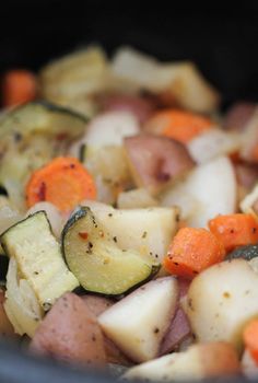 the food is prepared and ready to be cooked in the slow cooker or crock pot