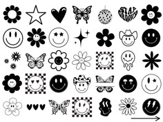 a variety of smiley faces with different shapes and sizes, all in black and white