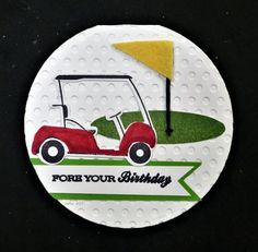 a golf themed birthday card with a red cart