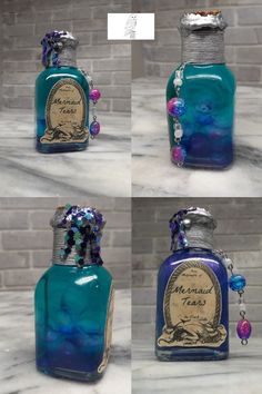 four pictures of different bottles with beads on them