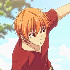 an anime character with orange hair and red shirt pointing his arm up in the air