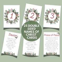 the 25 double sided names of christ cards are shown in red, green and white