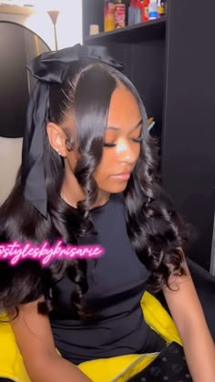 Cute Crown Hairstyles, Curly Ponytail Hairstyles With Bangs, Black Hairstyles For Homecoming, 18th Hairstyles Birthday, Picture Day Hairstyles Black Women, Slick Ponytail With Bow, 19th Birthday Hairstyles For Black Women, Slick Back With Weave, Hoco Hair Inspo Simple