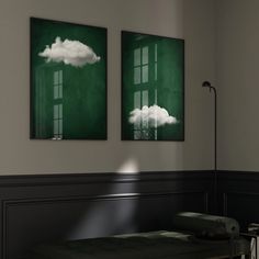 two paintings hang on the wall above a bench