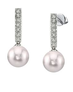 Akoya Pearl Dangling Diamond Earrings- Choose Your Pearl Color Elegant White Gold Pearl Earrings For Evening, Pearl White Akoya Pearl Earrings For Evening, Akoya Pearl White Pearl Earrings For Evening, Evening Akoya Pearl Earrings In Pearl White, Evening Pearl Drop Diamond Earrings, Elegant White Gold Pearl Pendant Earrings, Evening Akoya Pearl White Pearl Earrings, Elegant Akoya Pearl Earrings With Pearl Pendant, Elegant Akoya Pearl Pendant Earrings