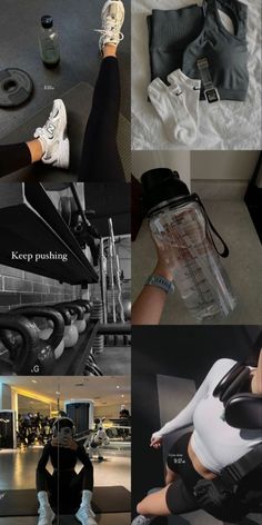 a collage of photos showing different types of sports equipment and people working out in the gym