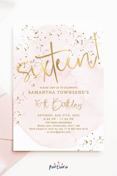 a pink and gold birthday party card