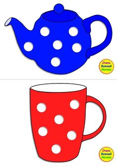 two images of a teapot and a cup with polka dots on them, one is blue and the other is red