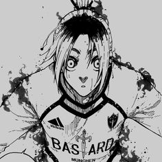 a black and white drawing of a girl with long hair wearing a uniform that says basar