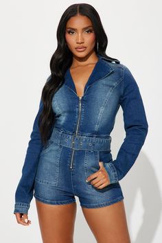 Available In Dark Wash. Denim Romper Long Sleeve Collar Front Zipper Booty Short Stretch Disclaimer: Due To The Specialized Wash, Each Garment Is Unique. 73.5 Cotton 23% Polyester 2.5% Viscose 1% Spandex Imported | Feeling Fine Denim Romper in Dark Wash size Small by Fashion Nova Romper Long Sleeve, Long Romper, Denim Romper, Jeans Jumpsuit, Long Sleeve Romper, Dark Wash Denim, Matching Dresses, Active Wear For Women, Front Zipper